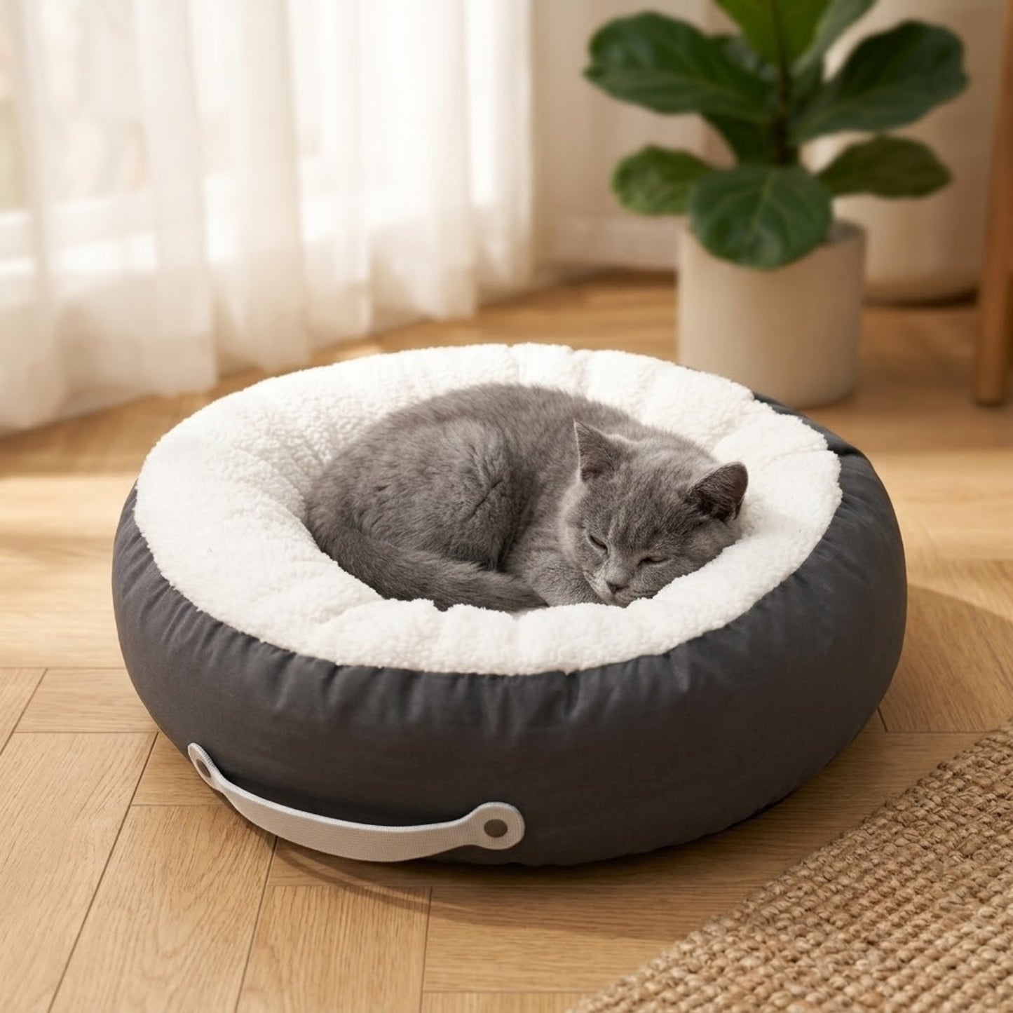 Coussin chaton gris, chaton British bleu endormi dans le salon