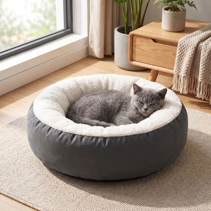Coussin chaton gris, chaton British bleu lové près de la fenêtre