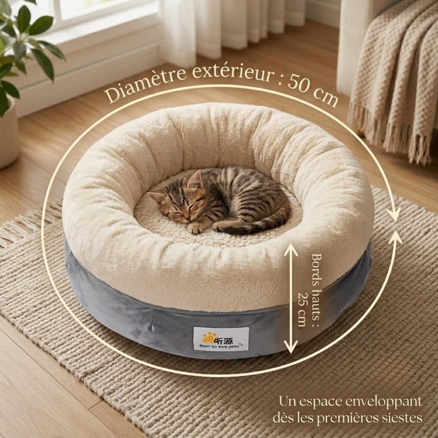 Coussin chaton gris taupe, dimensions 50 cm et bords 25 cm