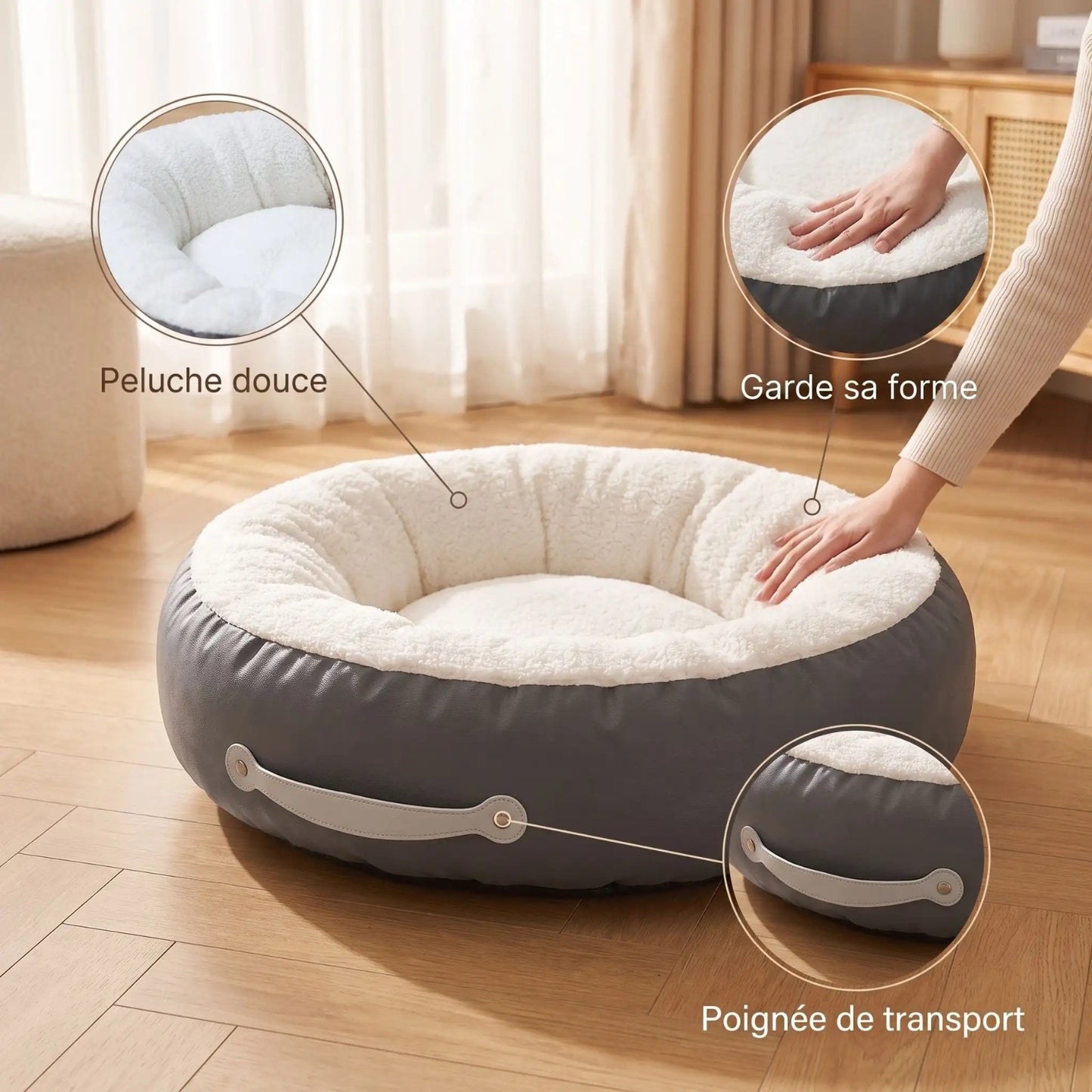 Coussin chaton gris, zoom sur peluche douce, rembourrage et poignée transport