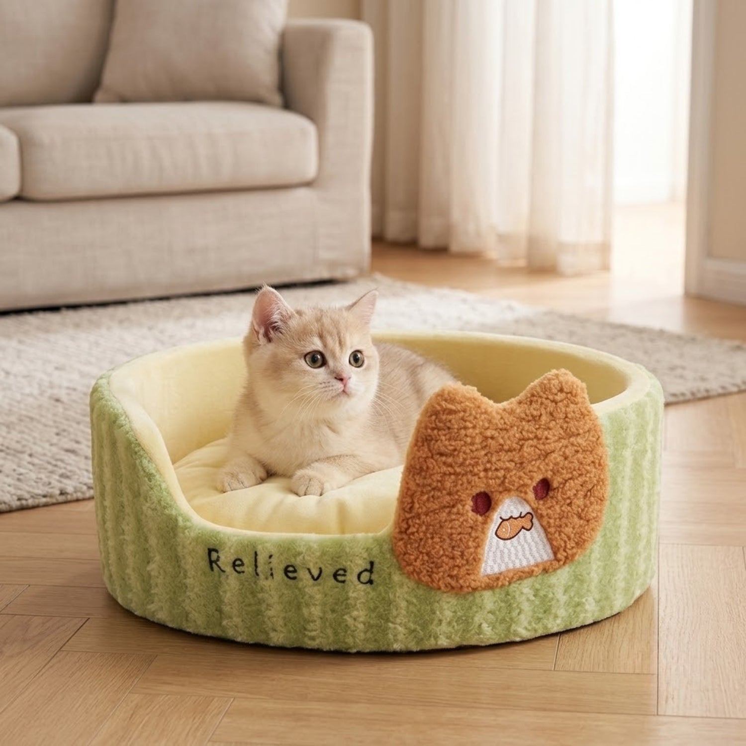Coussin chaton lové dedans, la tête relevée, il observe la pièce.