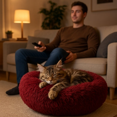 coussin chaton maine coon dormant paisiblement dessus homme regardant télévision