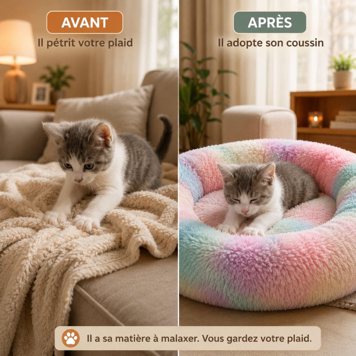Coussin chaton moelleux, avant il pétrit le plaid, après il est lové dedans
