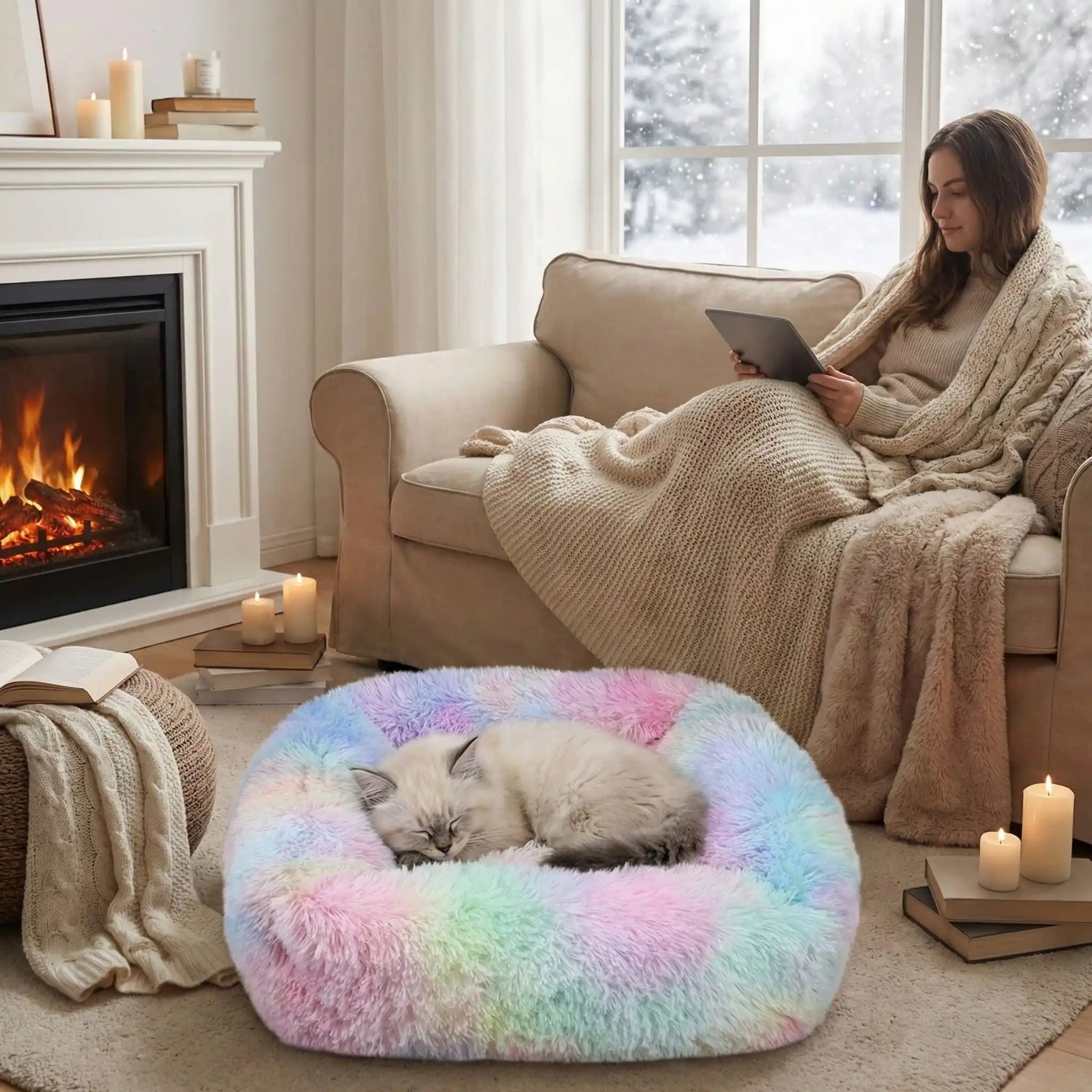 Coussin chaton moelleux, chaton crème endormi dedans près de la cheminée