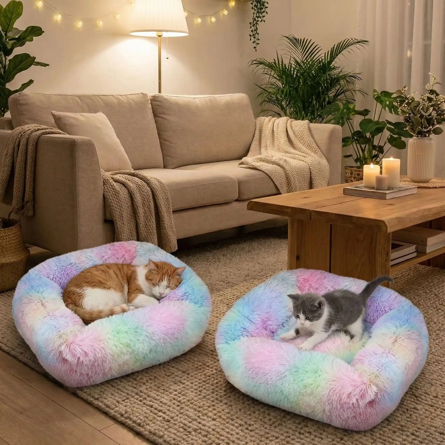 Coussin chaton moelleux, deux coussins avec deux chatons installés au salon