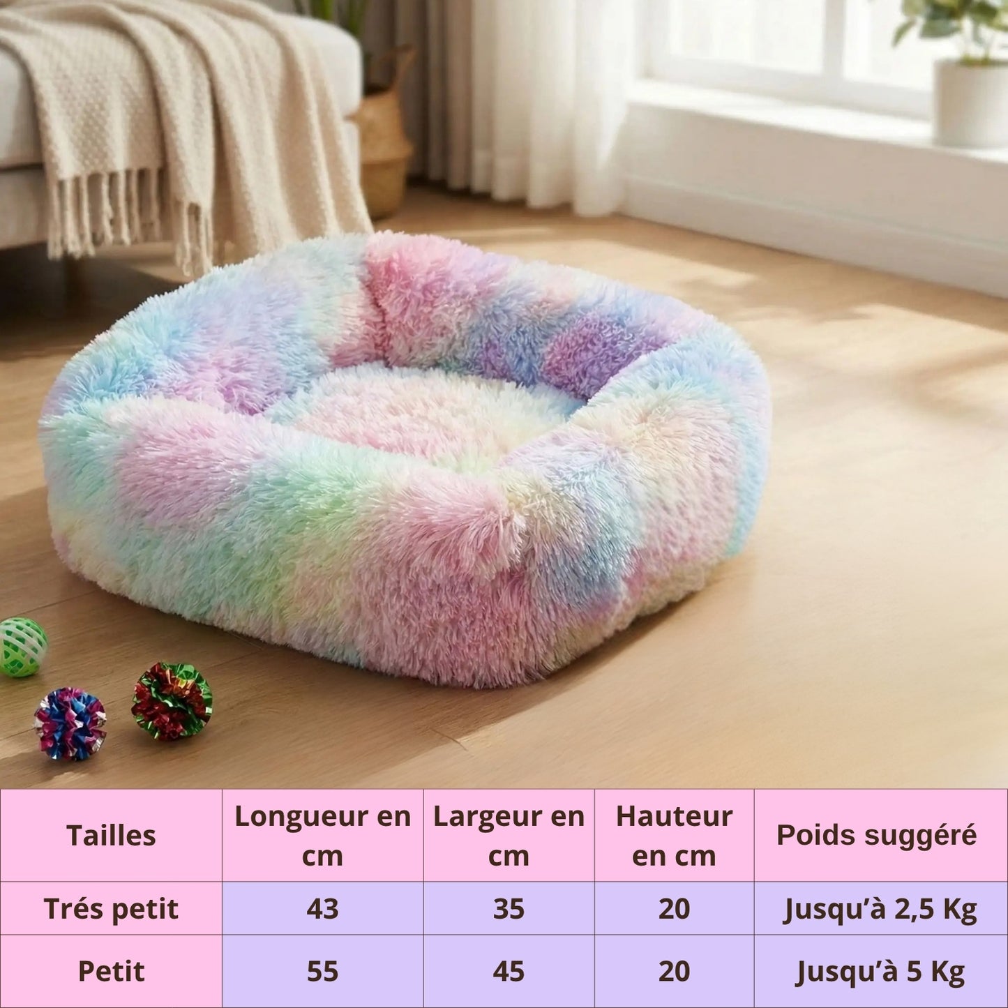 Coussin chaton moelleux, dimensions des deux tailles Très petit et Petit