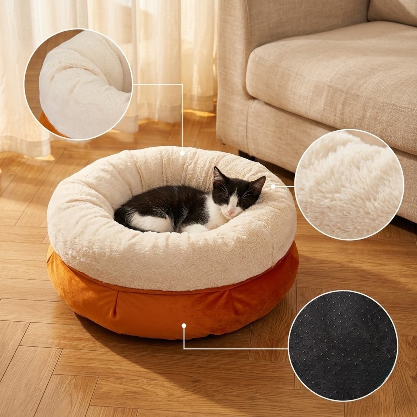 Coussin chaton orange, tuxedo dedans, zoom fourrure et base antidérapante