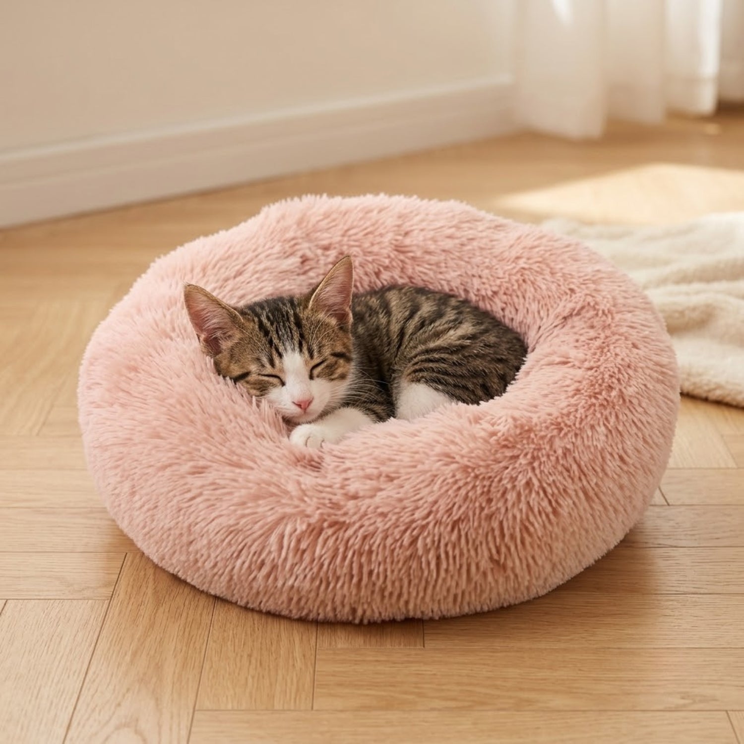 Coussin chaton rose poudré, chaton  couché en boule dedans
