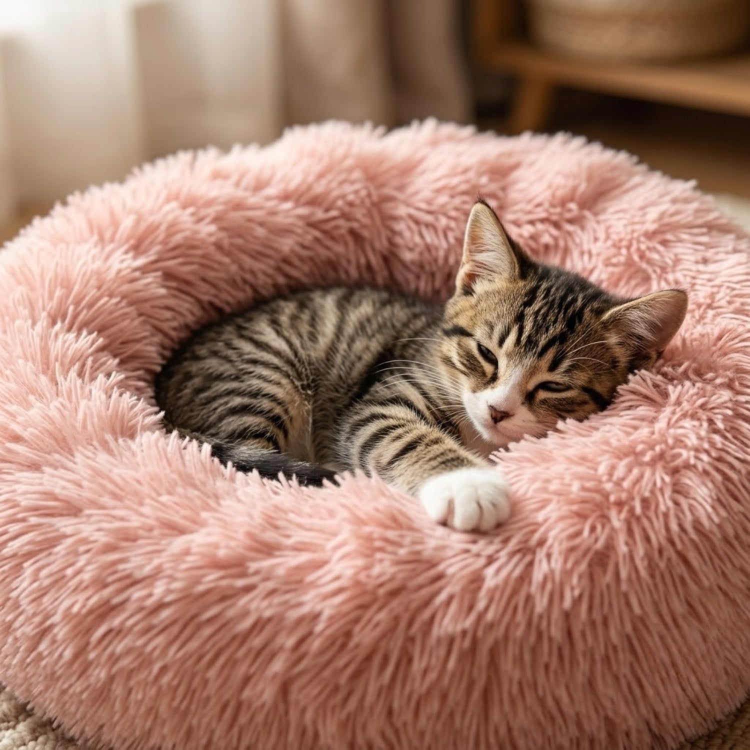 Coussin chaton rose poudré, chaton endormi lové en boule dedans