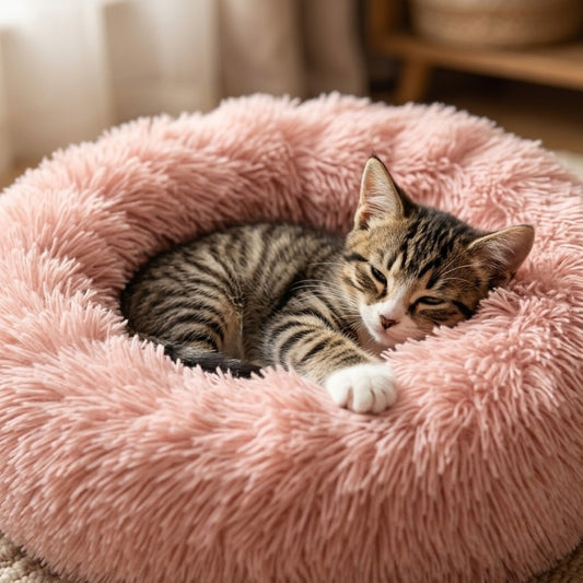 Coussin chaton rose poudré, chaton endormi lové en boule dedans