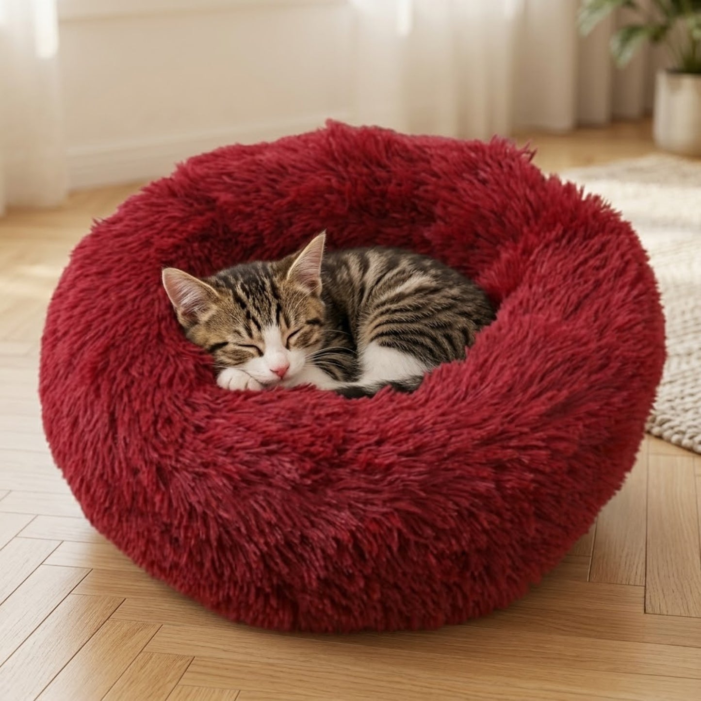 Coussin chaton rouge vin, chaton endormi lové en boule dedans