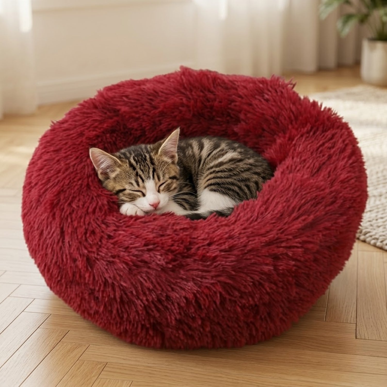 Coussin chaton rouge vin, chaton endormi lové en boule dedans