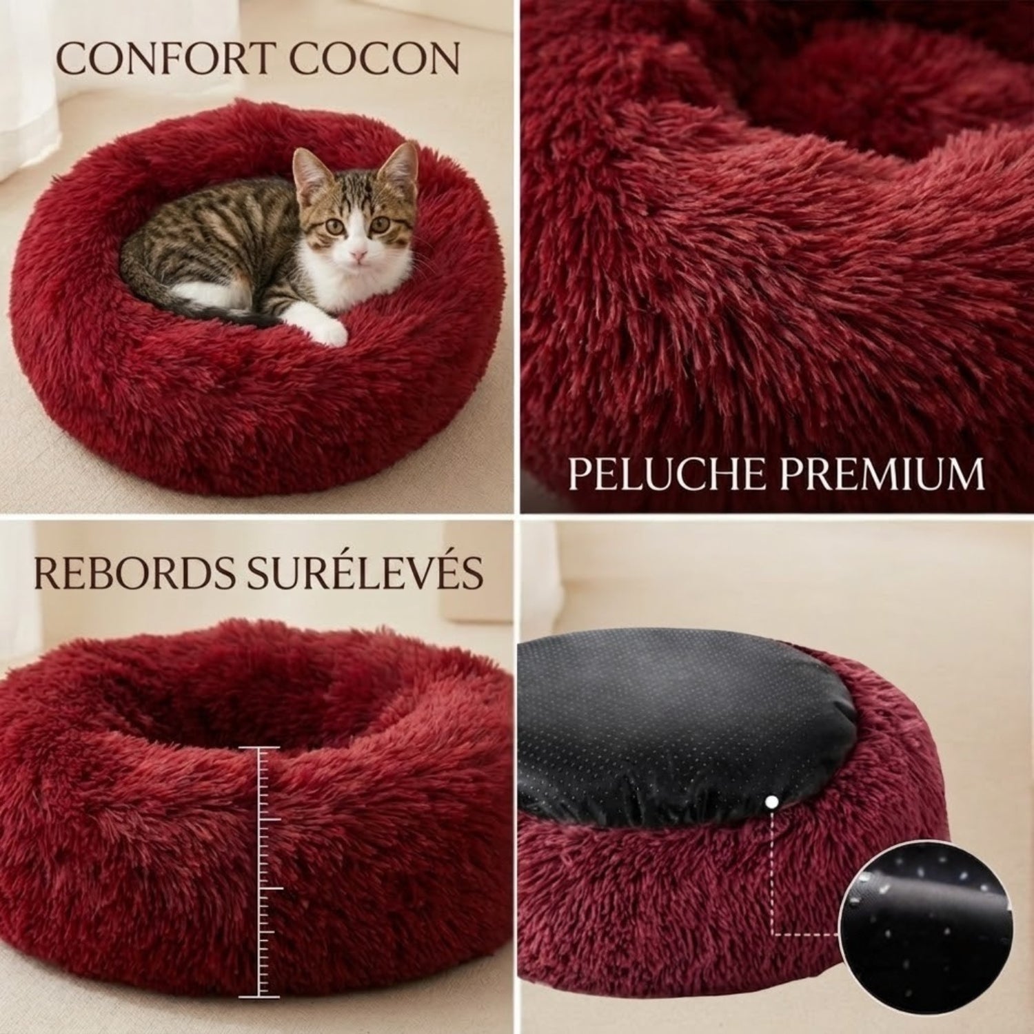 Coussin chaton rouge vin, chaton lové dedans, zoom peluche rebords et base antidérapante