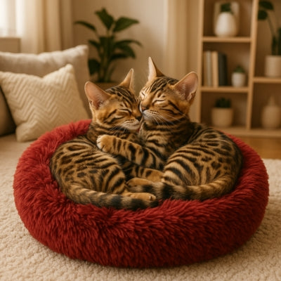 coussin chaton rouge vin deux bangal enlacés dessus