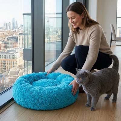 coussin chats bleu cyan maîtresse le presentant à son chat