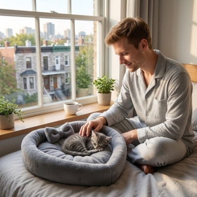 coussin chats gris chaton dort dedans homme pyjama chambre