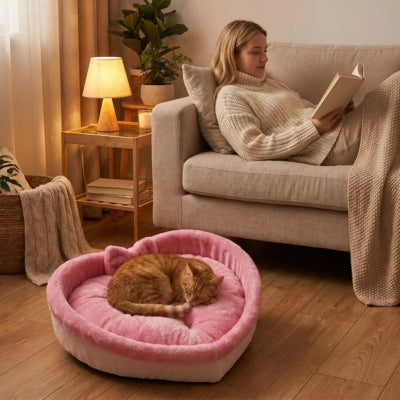 coussin chats rose chat endormi dedans femme lisant salon