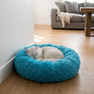  coussin chats tout doux bleu cyan chat blan lové dedans