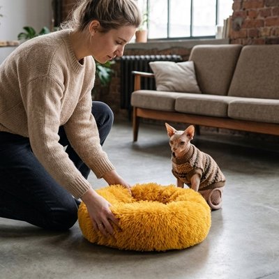  coussin chats tout doux jaune safran  chat sphynx regardant sa maîtresse l'installer