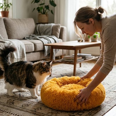 coussin chats tout doux jaune safran maîtresse l'installant pour son chat tigré