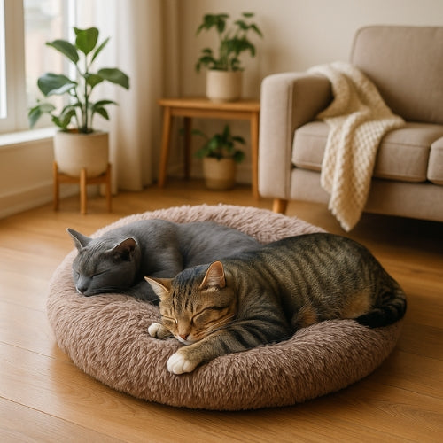 coussin pour chat dodo du pacha marron deux chats endormi profondement dessus