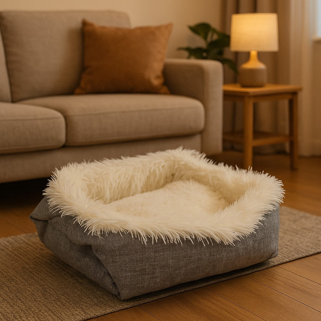 coussin pour chat nidou blanc dans salon nuit