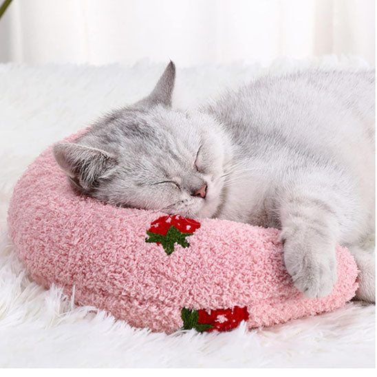 coussin pour chat rose avec chaton gris endormi dessus