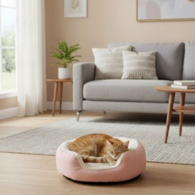 coussin pour chat rose chat dort profondement dedans