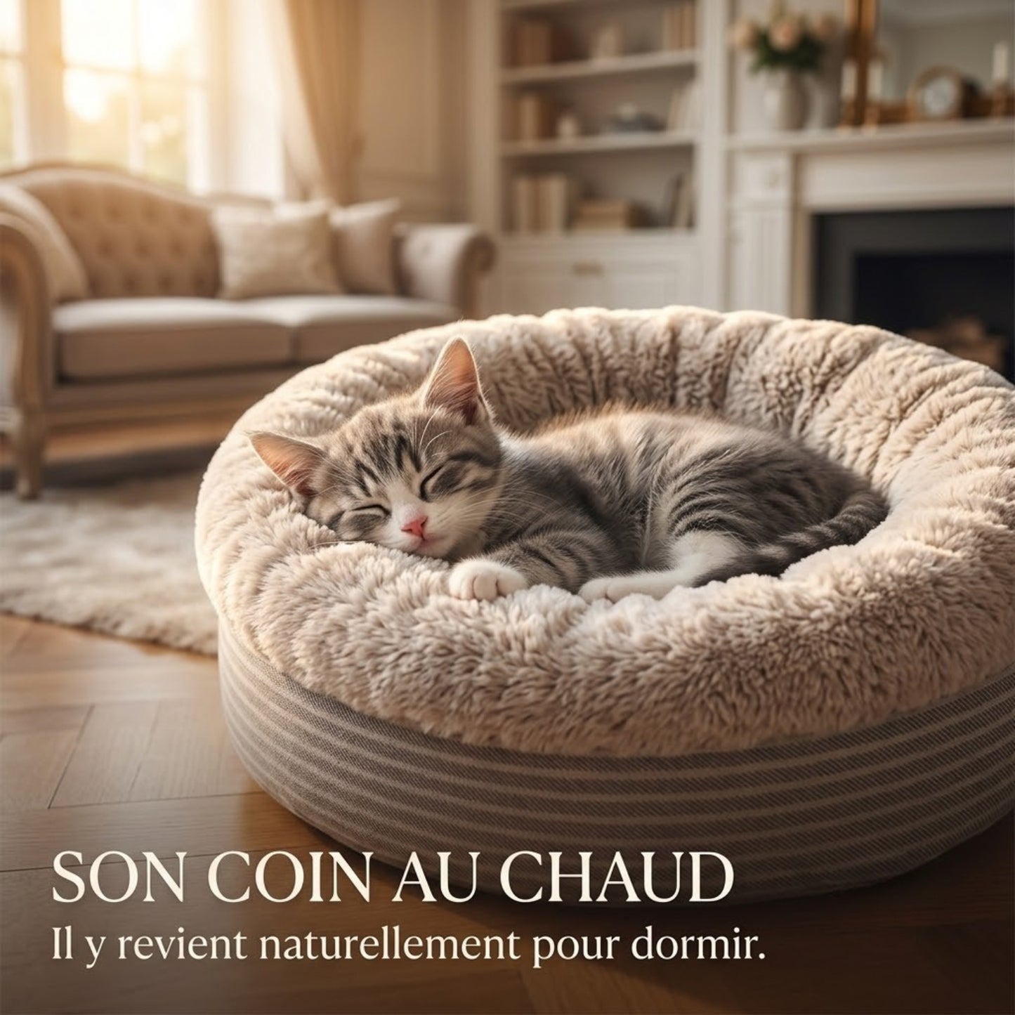 Coussin pour chaton beige, chaton endormi lové, son coin au chaud