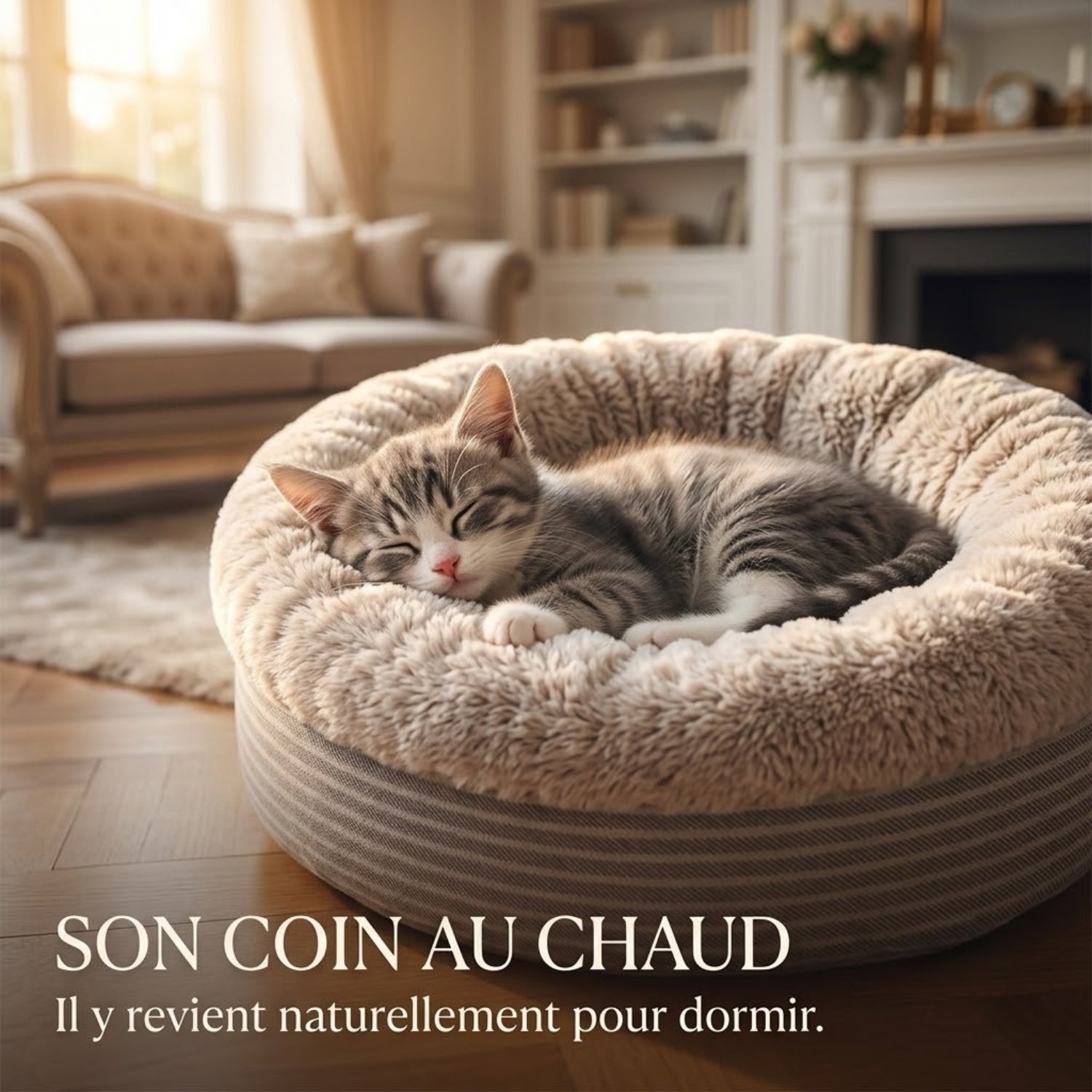 Coussin pour chaton beige, chaton endormi lové, son coin au chaud