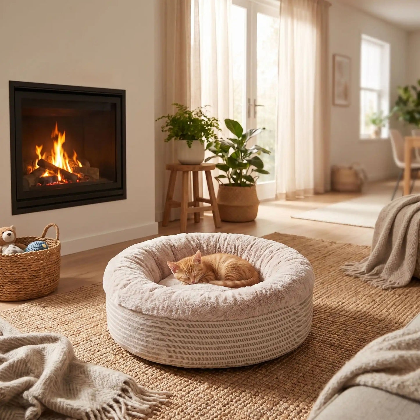 Coussin pour chaton beige, chaton roux endormi près de la cheminée