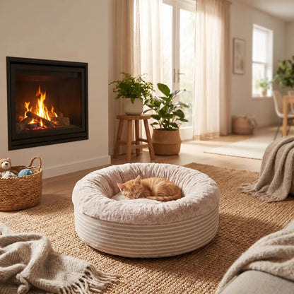 Coussin pour chaton beige, chaton roux endormi près de la cheminée