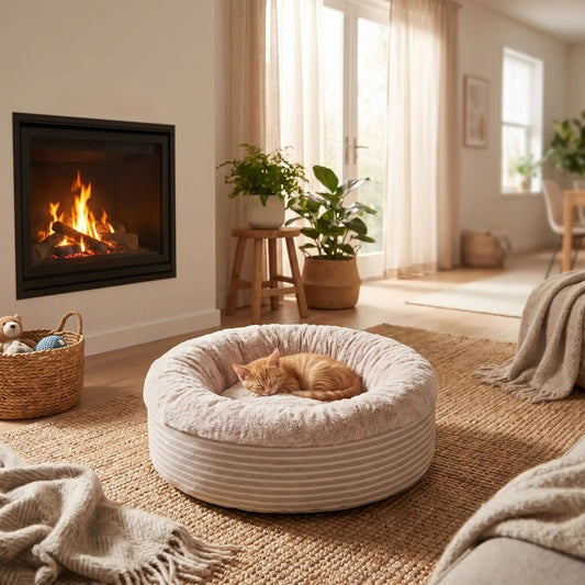 Coussin pour chaton beige, chaton roux endormi près de la cheminée