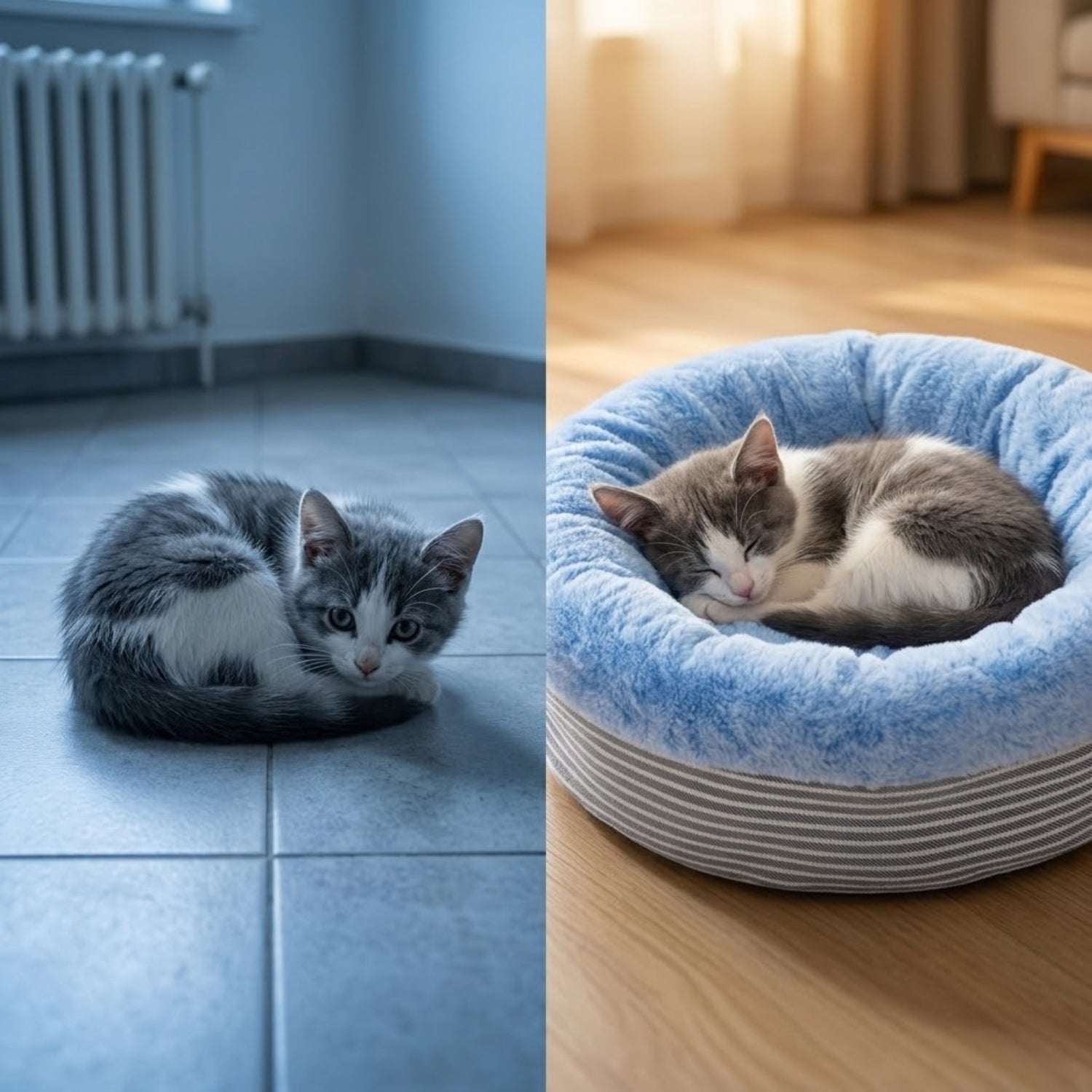 Coussin pour chaton bleu, chaton avant au sol froid, après endormi dedans