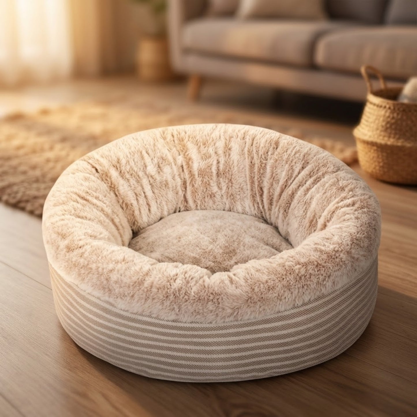 Coussin pour chaton coloris beige, fausse fourrure et base rayée