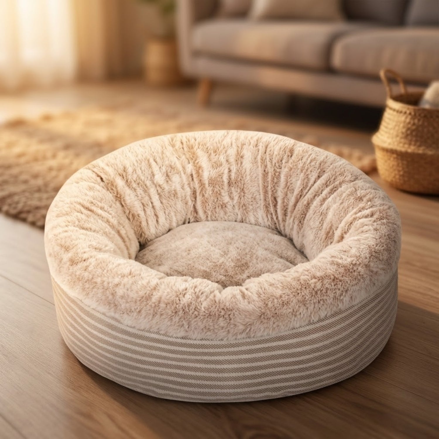 Coussin pour chaton coloris beige, fausse fourrure et base rayée