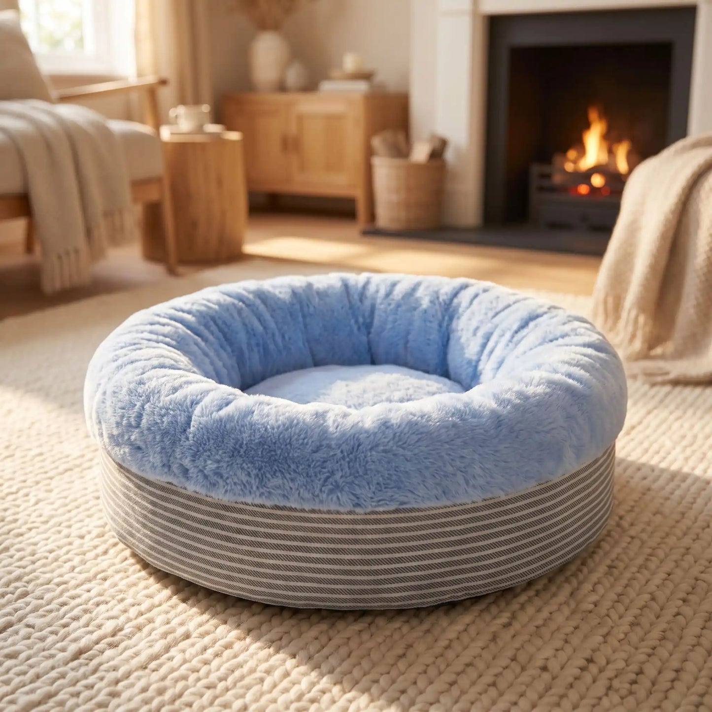 Coussin pour chaton coloris bleu, fausse fourrure et base rayée