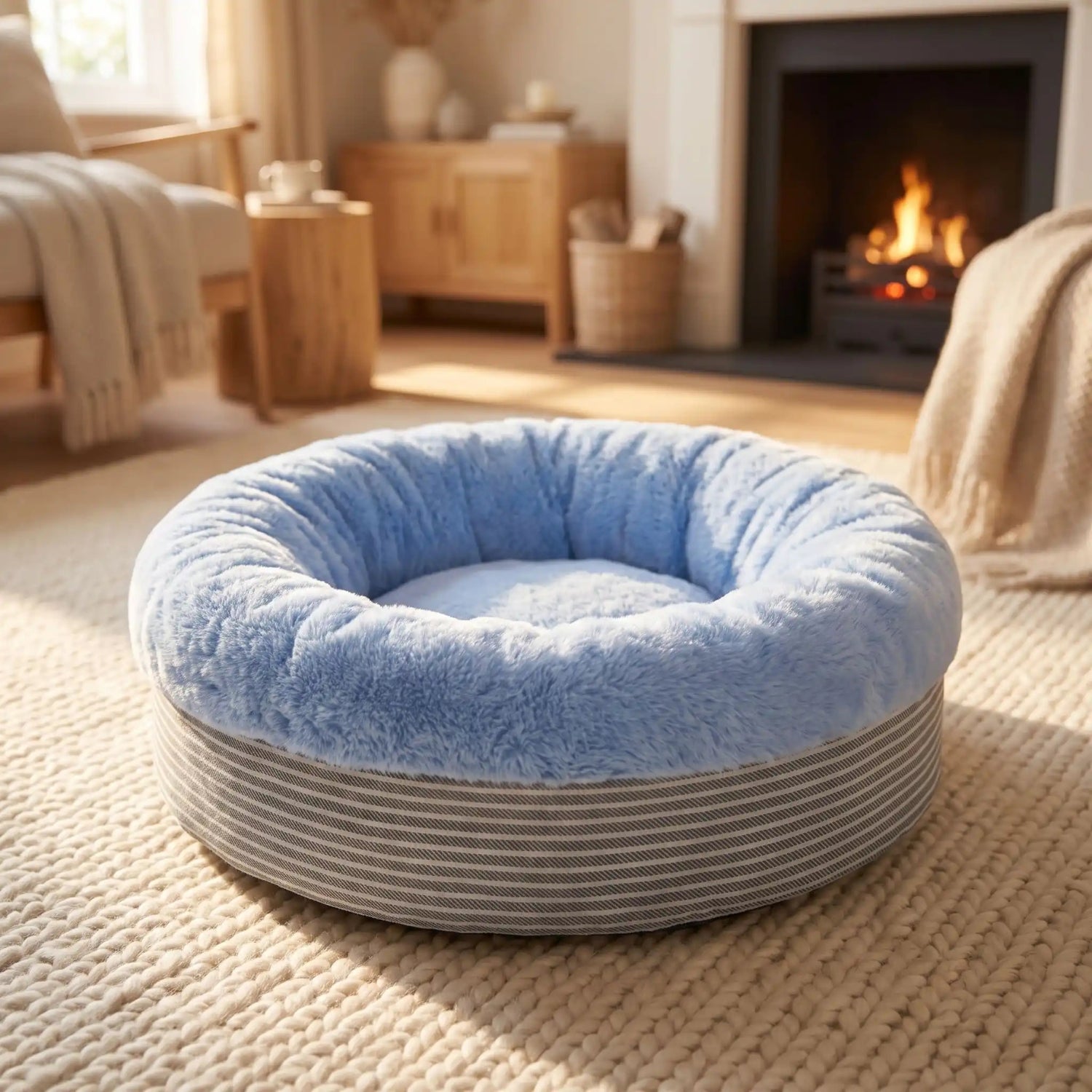 Coussin pour chaton coloris bleu, fausse fourrure et base rayée