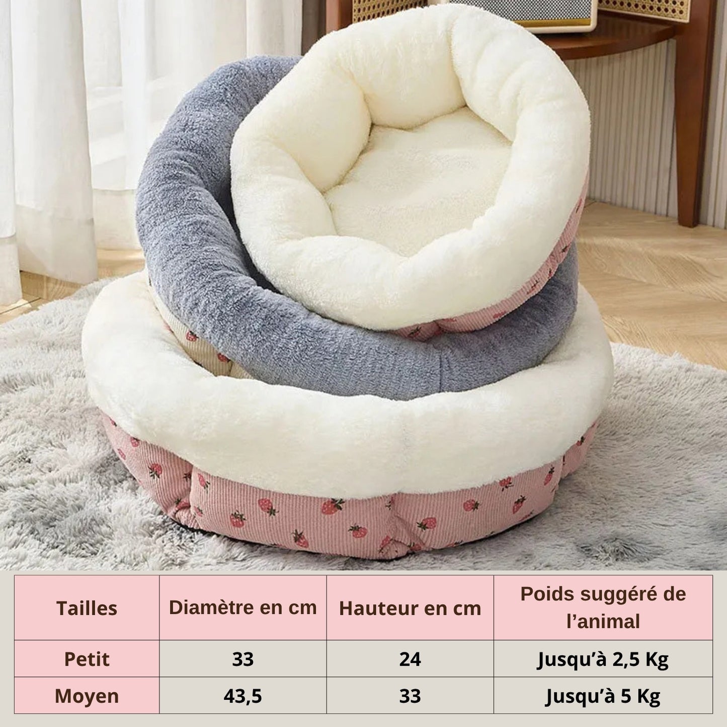 coussin pour chaton deux tailles trois coloris tableau dimensions