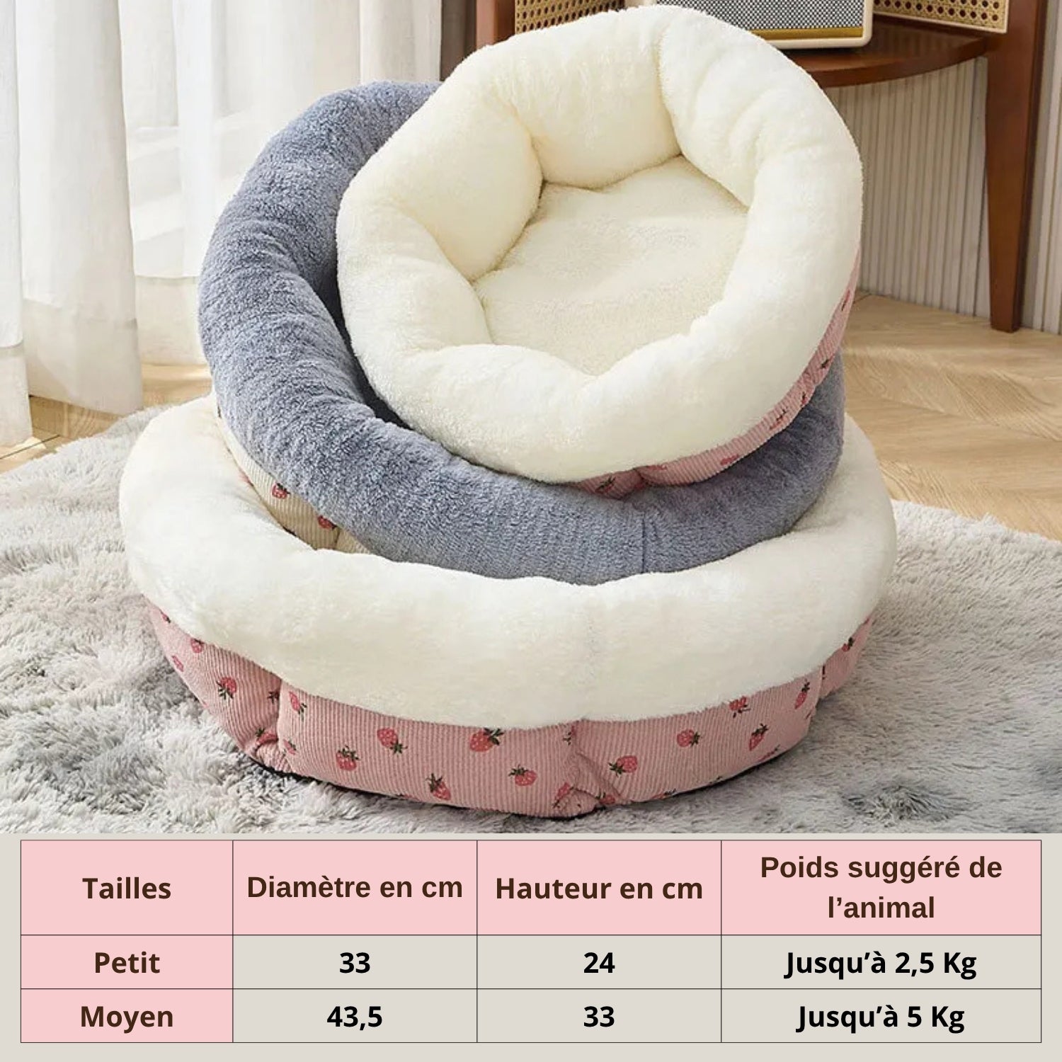 coussin pour chaton deux tailles trois coloris tableau dimensions
