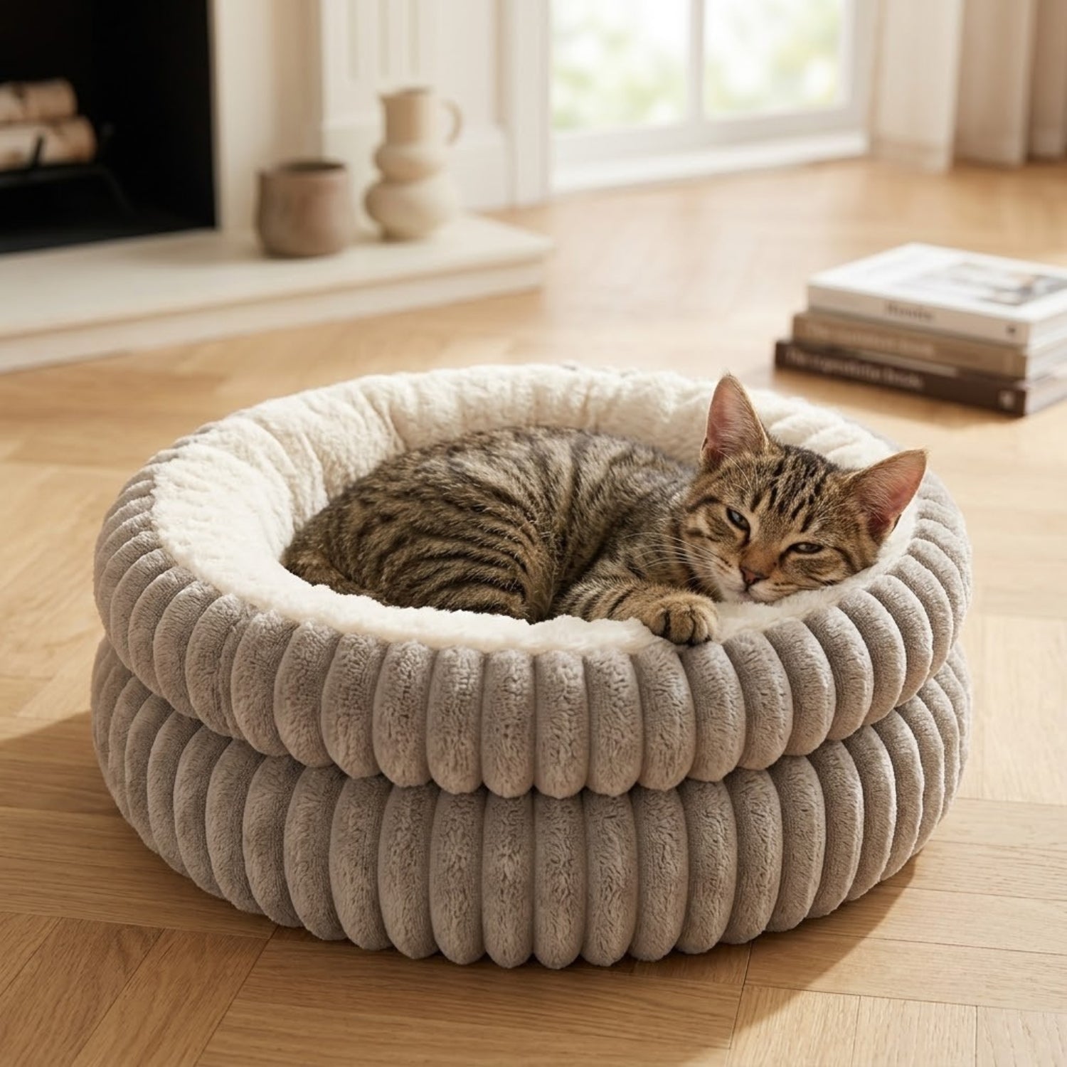 coussin pour chaton européen tigré lové en boule dans un salon