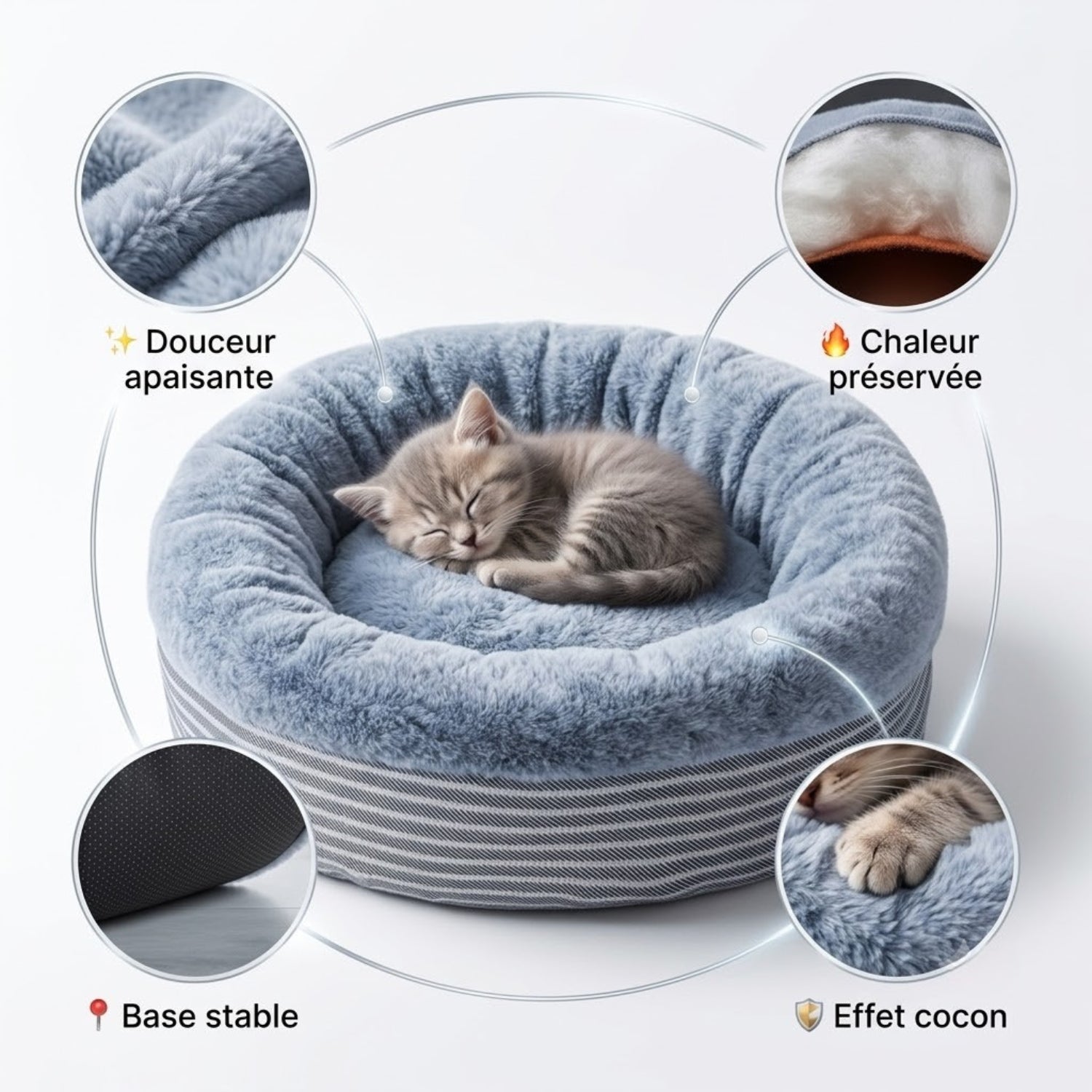 Coussin pour chaton gris bleu, zoom douceur, chaleur, base stable et effet cocon