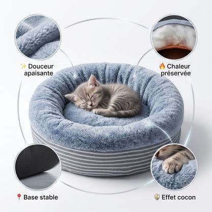 Coussin pour chaton gris bleu, zoom douceur, chaleur, base stable et effet cocon