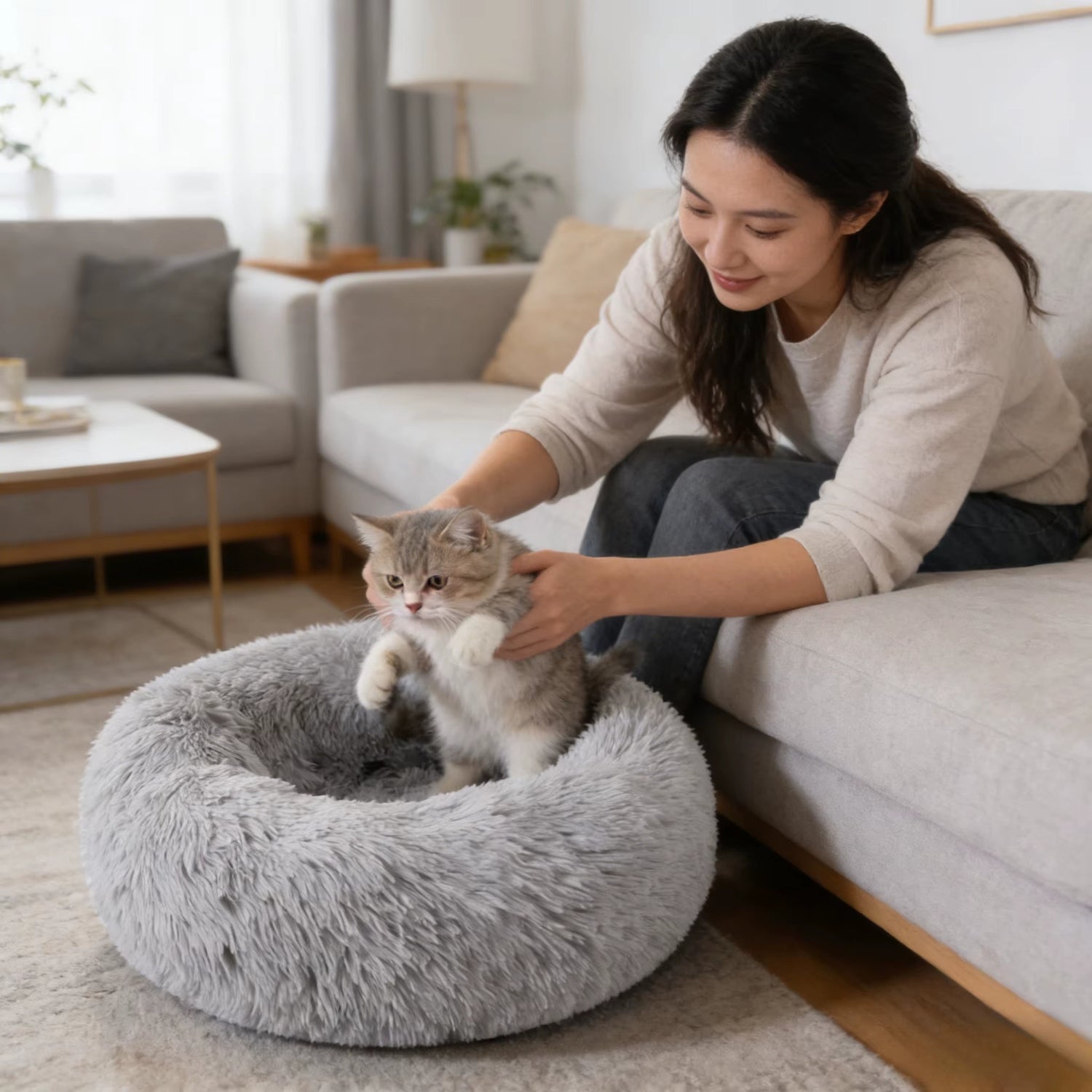 coussin pour chaton gris clair femme installe chaton salon