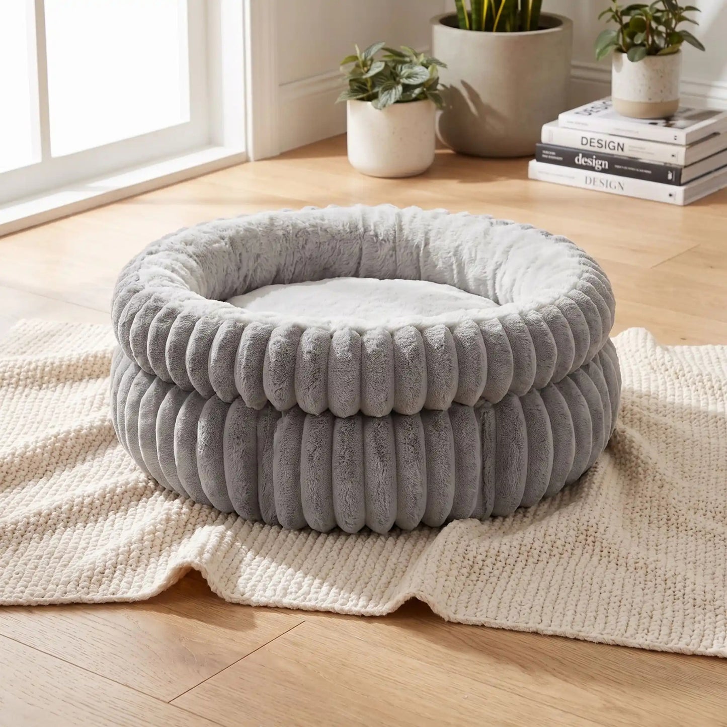 coussin pour chaton gris perle posé sur tapis crème dans un salon clair