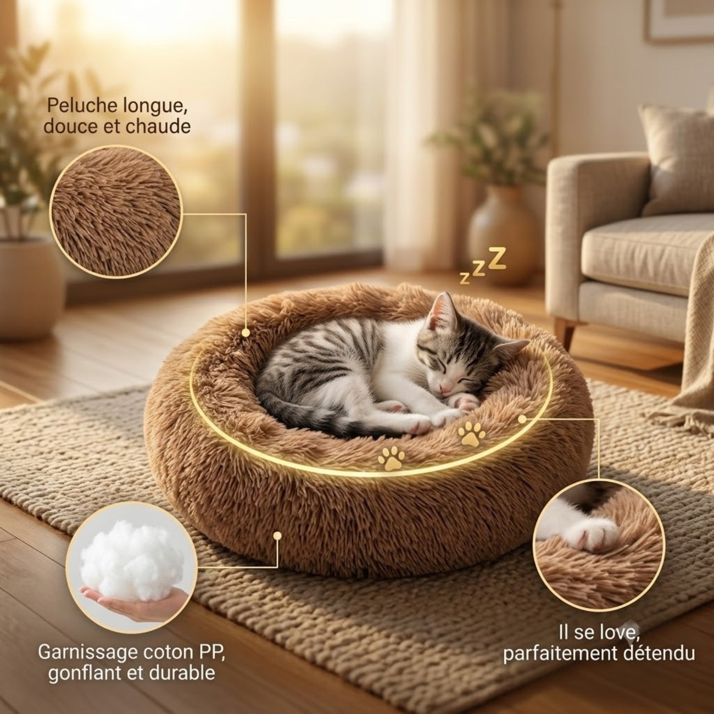 Coussin pour chaton marron avec chaton lové dans une peluche douce aux bords enveloppants