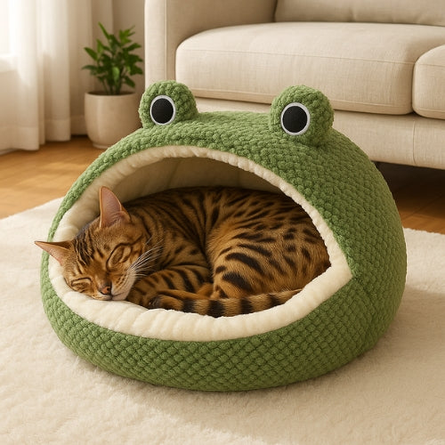 Coussin pour chats Frogy Dodo semi fermé avec chat qui dort