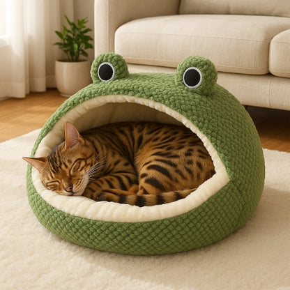 Coussin pour chats Frogy Dodo semi fermé avec chat qui dort