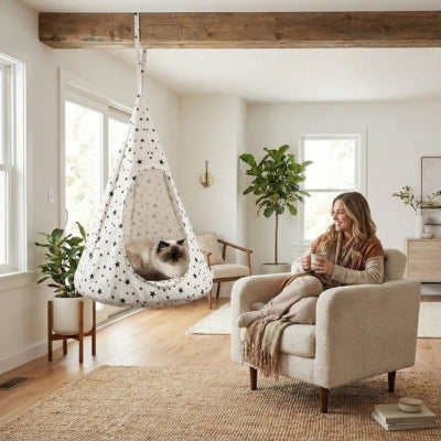 dame bois café regarde hyalayan somnolant dans hamac chat