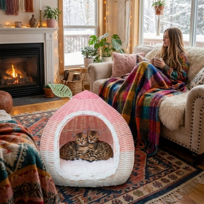 deux bangal enlacés panier pour chat en osier maîtresse relaxe sofa
